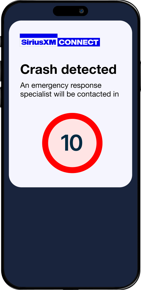 Notification of crash detected, with a countdown indicating when emergency assistance will be contacted
