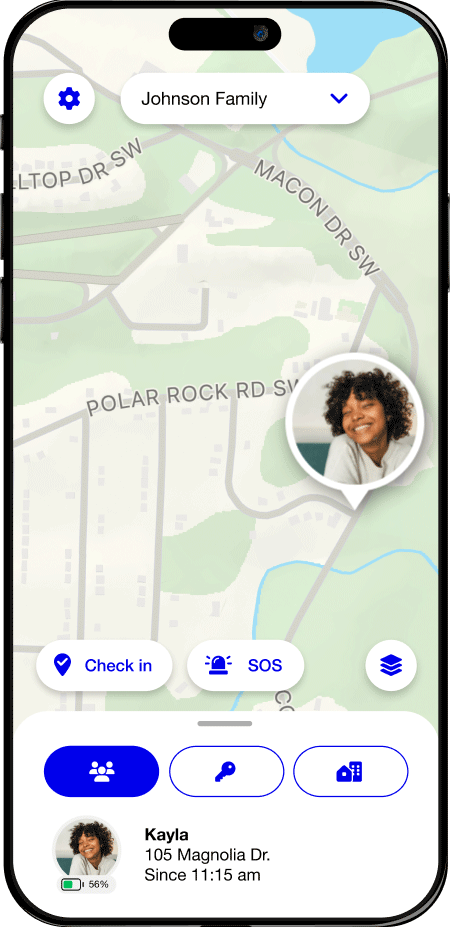 Mobile screen showing a family location map with options to check in and send SOS